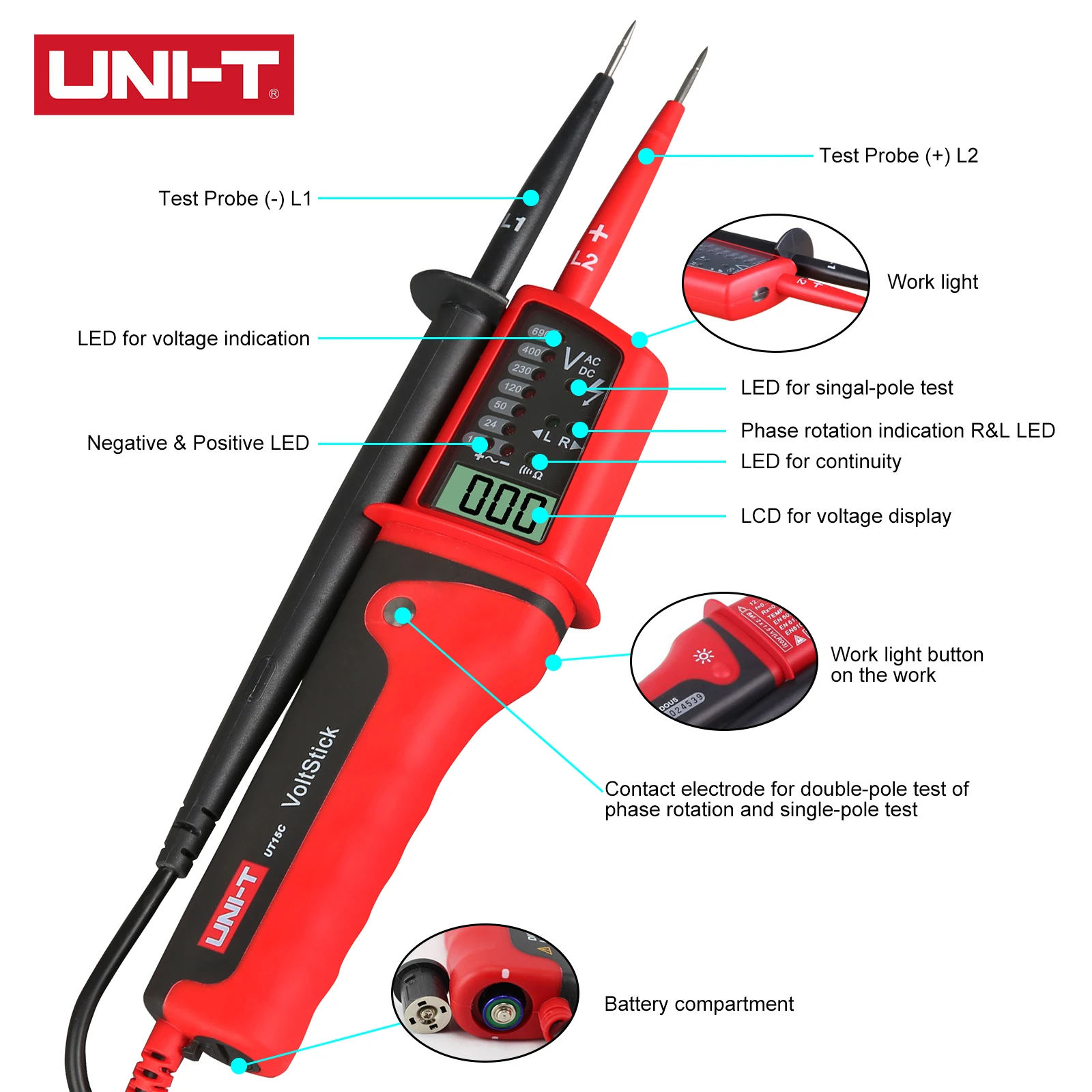 UNI-T UT15C UT15B مقاوم للماء الرقمية LCD التيار المتناوب تيار مستمر الجهد الاستمرارية جهاز فحص الدائرة الكهربائية TS دي الشحن