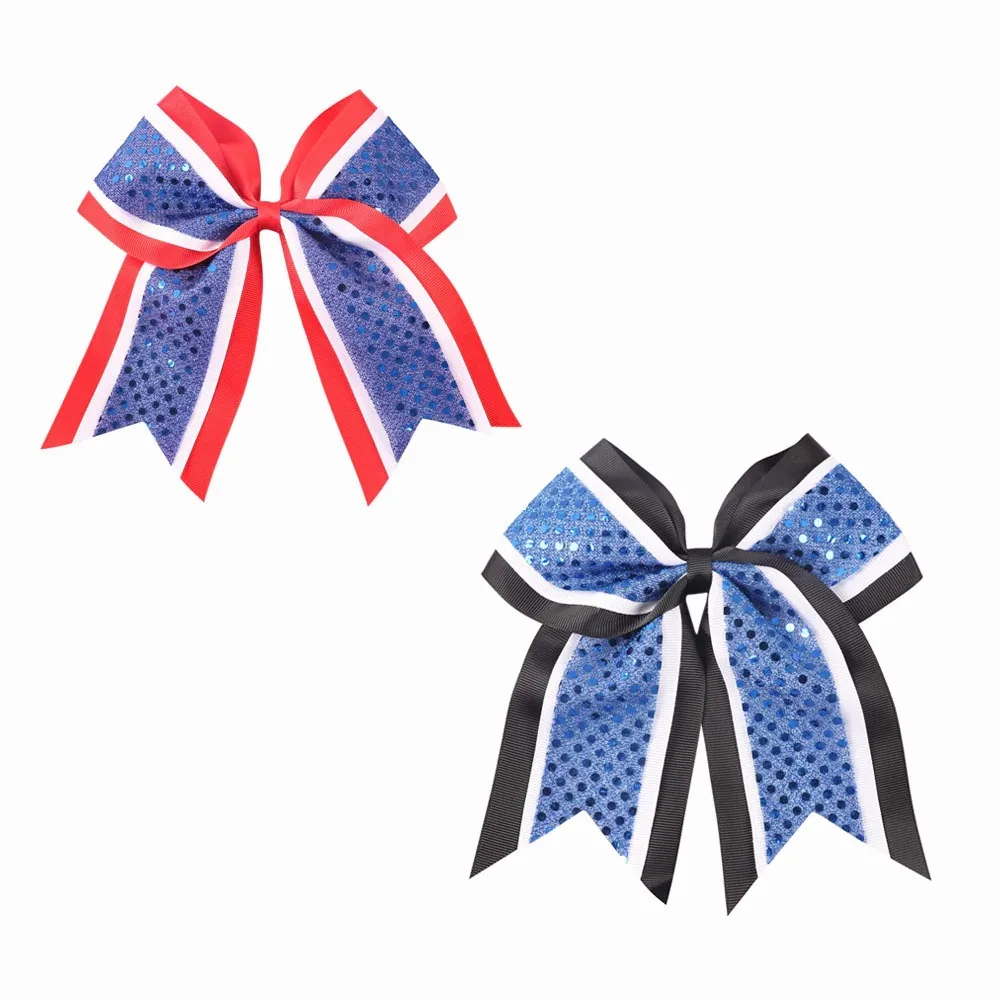 2pcs/lot 7\'\' 4th July Kids\' Printing Patchwork Patriotic Cheerbow with Elastic  Ponytail Ribbon Cheerleading Bows for Girls