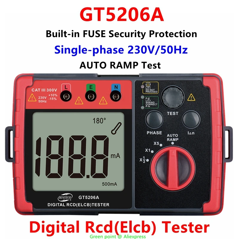 5 sztuk inteligentny cyfrowy Rcd(Elcb) Tester GT5206A zabezpieczenie przed wyciekiem 230V/50Hz Test rampy wbudowany bezpiecznik ochronny zabezpieczający