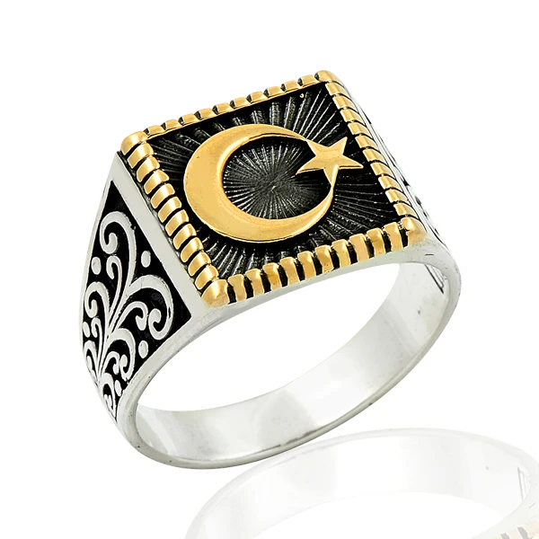 925 Silver Moon and Star Printed Tribal Turkish Rings for Men