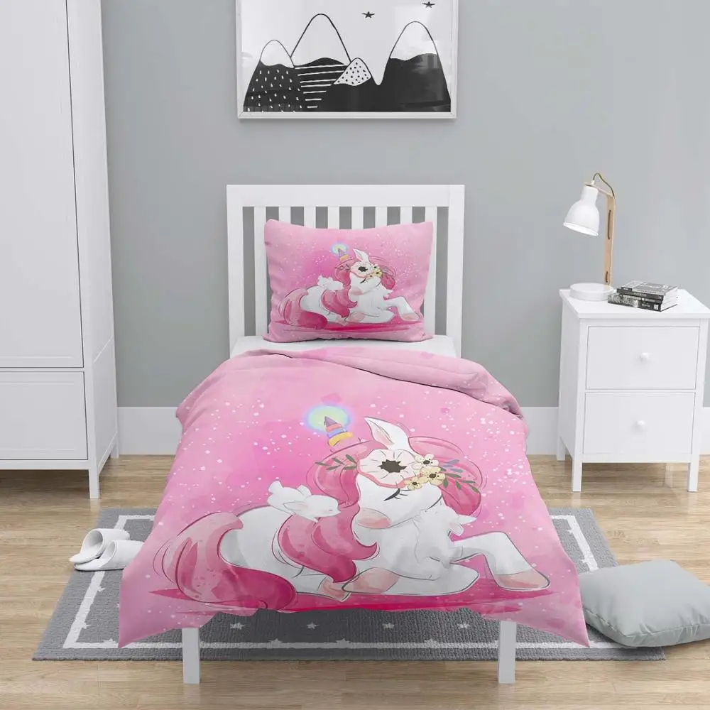 

Else 4 Pcs Pink Little Unicorn Horse Girl 3D Print Cotton Satin Chidren Kids Duvet Cover Bedding Set Pillow Case Bed Sheet