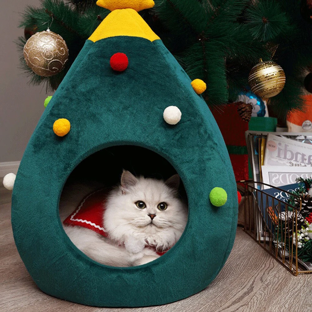 Christmas Pine Cat Bed Cave Cat House Small Dog Bed Merry Xmas Gift Noel / New Year Pet Gift