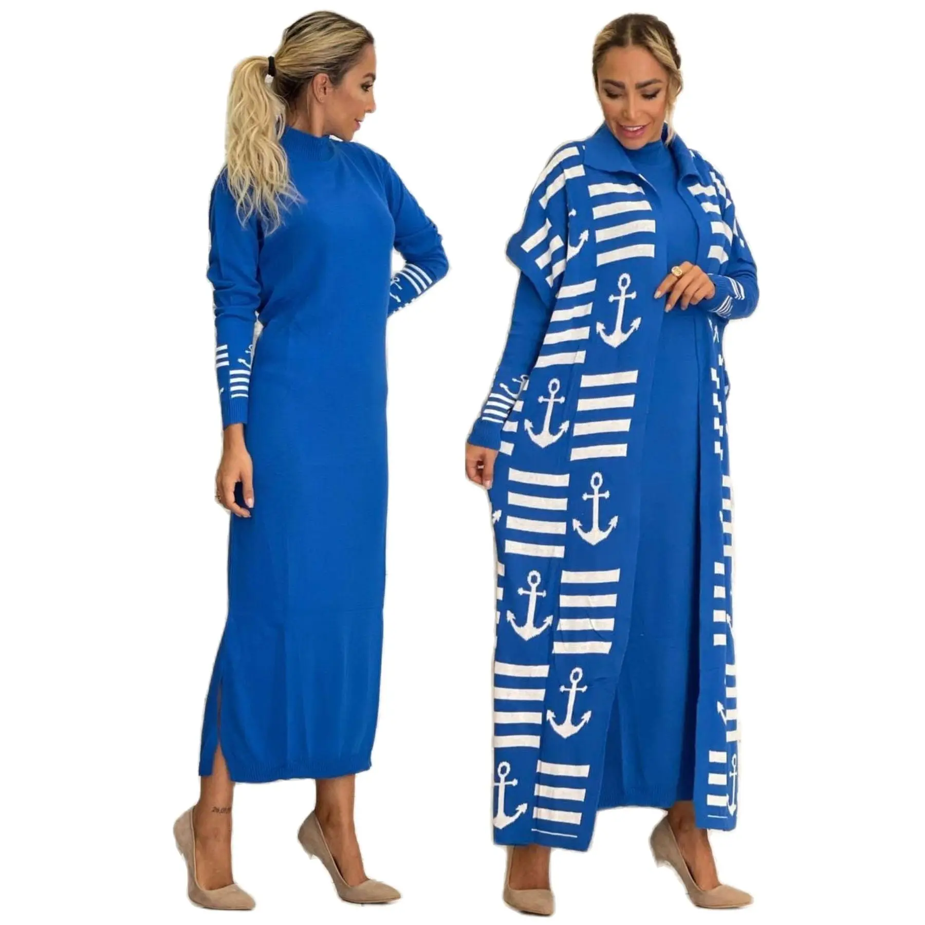 2 Piece Women's Set Anchor Patterned Knitwear Maxi Long Sleeve Turtleneck Dress and Cardigan Bat Wing Sleeve Muslim Fashion 2021