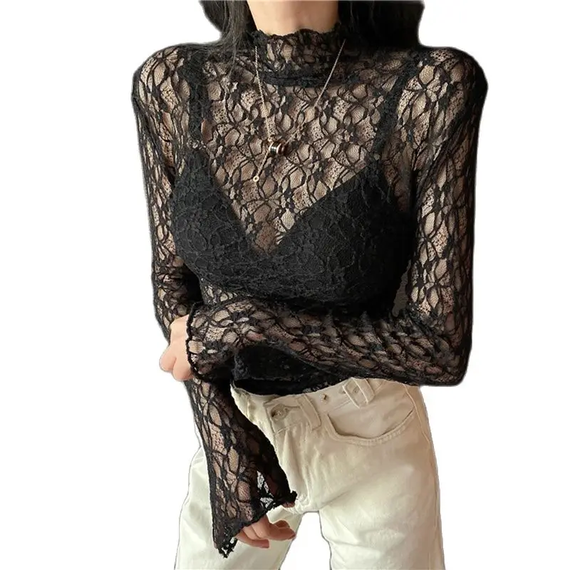 Spring Autumn Women Long Sleeve Blouse Sweet Floral Hollow Lace Shirt Female Bow Mesh Blouses Short Bottoming Tops