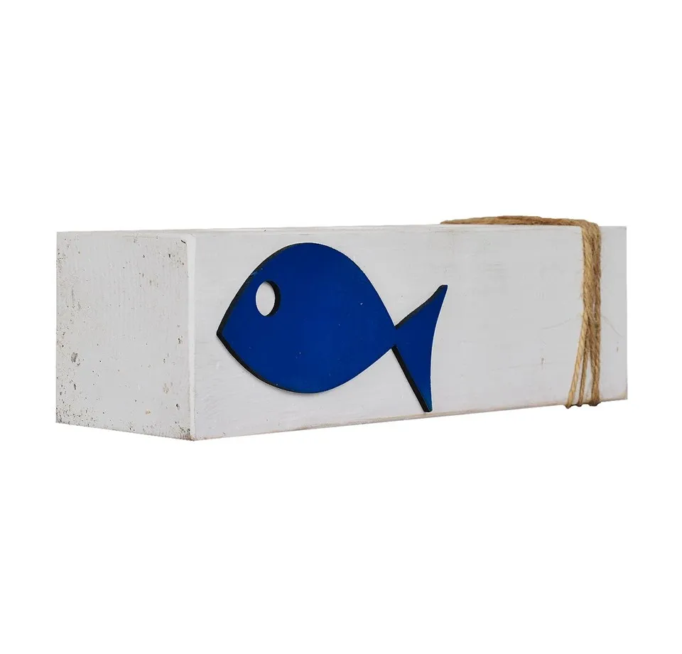 Fish Pattern Wooden White Tumbled Candle Holder Width 7 cm Length 21 cm Height 6 cm  White color Wood Type Pine