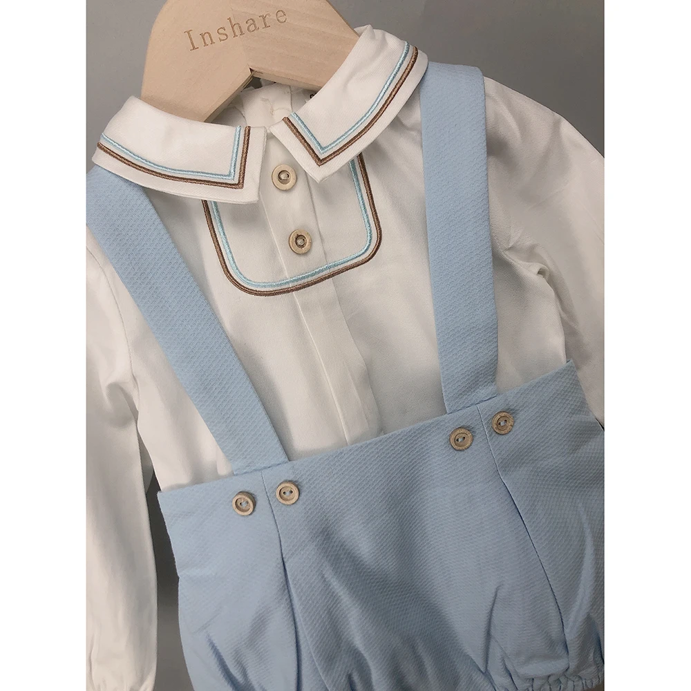 2Pcs Children Boutique Clothing Baby Boy Blue Set Cotton Long Sleeves Shirt And Straps Shorts Baptism Set Eid Clothes FD82203910