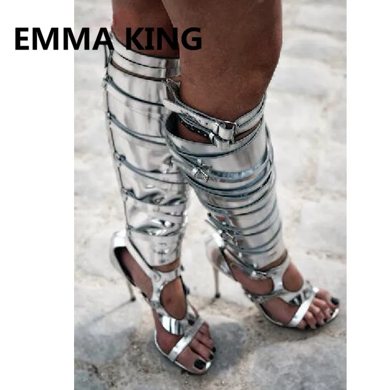 Sexy Sirror Silver Buckle Gladiator Over The Knee High Sandals Women Summer Boots Open Toe Cutout High Heels Shoes Woman Sandals