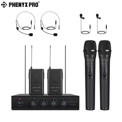 Phenyx Pro 4-Channel VHF Wireless Microphone Set with 2 Handhelds/2 Bodypacks/2 Lapels/2 Headset Metal Receive for DJ/Church