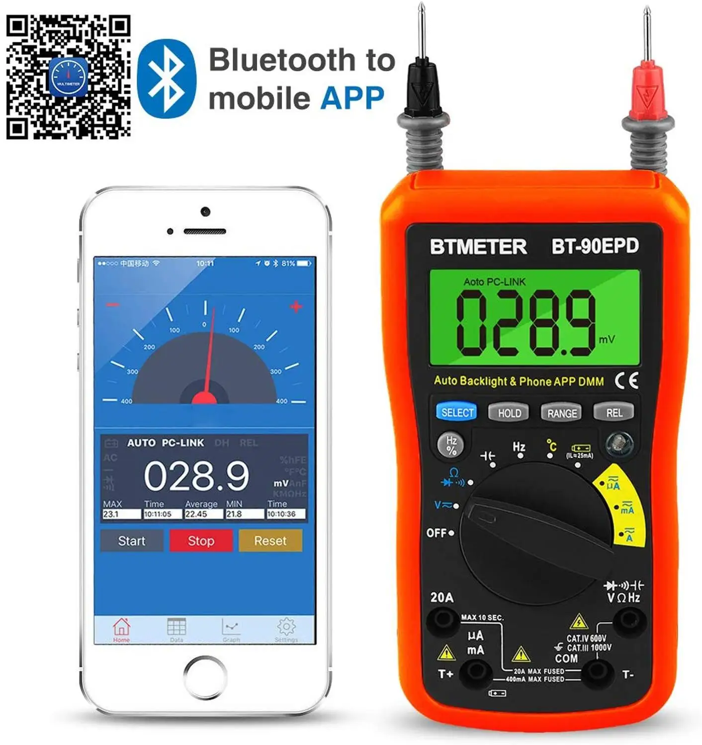 BT-90EPD Digital Multimeter Auto Range Avometer DMM 4000 Counts with Mobile phone APP Bluetooth Auto Backlight,Cap,Hz,Duty Cycle