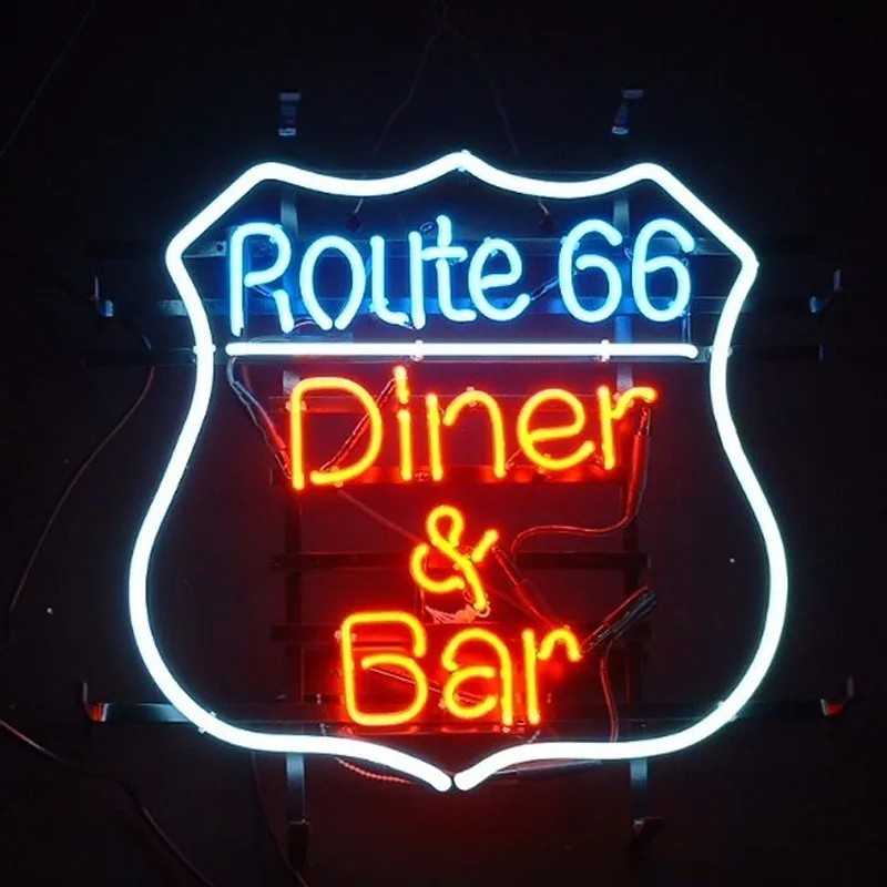 

Neon Signs ROUTE 66 DINER ET BAR Real Glass Beer Bar Home Room Wall Window Decoration Handcraft Pub Cafe American Light Art Lamp