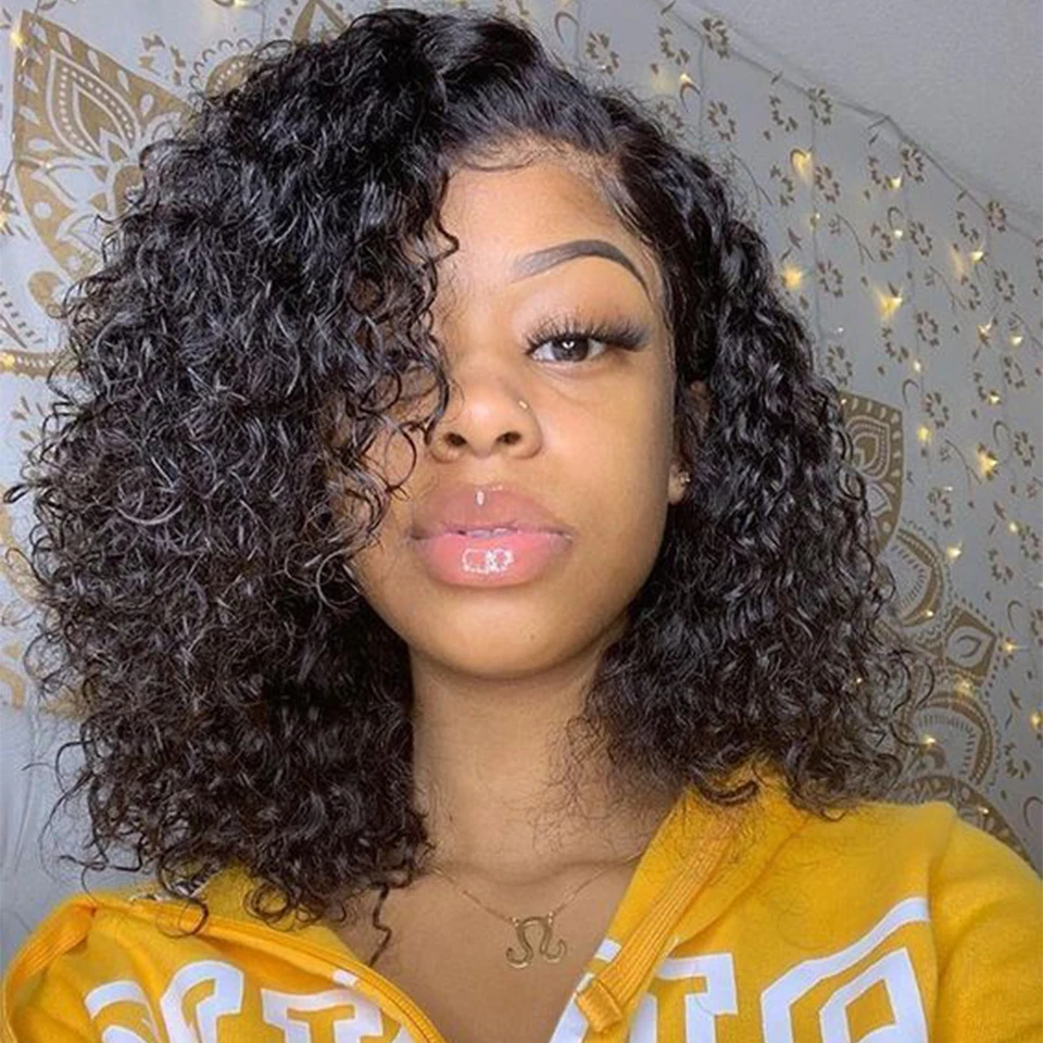 Glueless Wigs Short Bob Wig Water Wave Lace Front Human Hair Wigs For Black Woman 180% Brazilian Kinky Curly Frontal Closure Wig