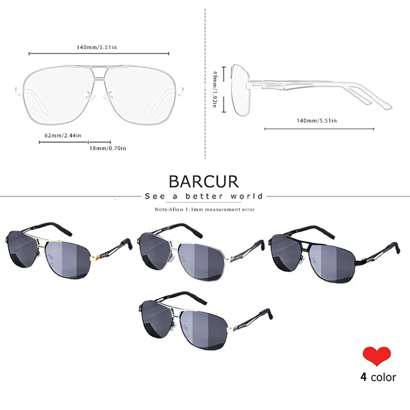 BARCUR Pilot Photochromic Sunglasses Metal Frame Men Polarized Sun Glasses Glass Eyewear Trend Styles UV400 Protection