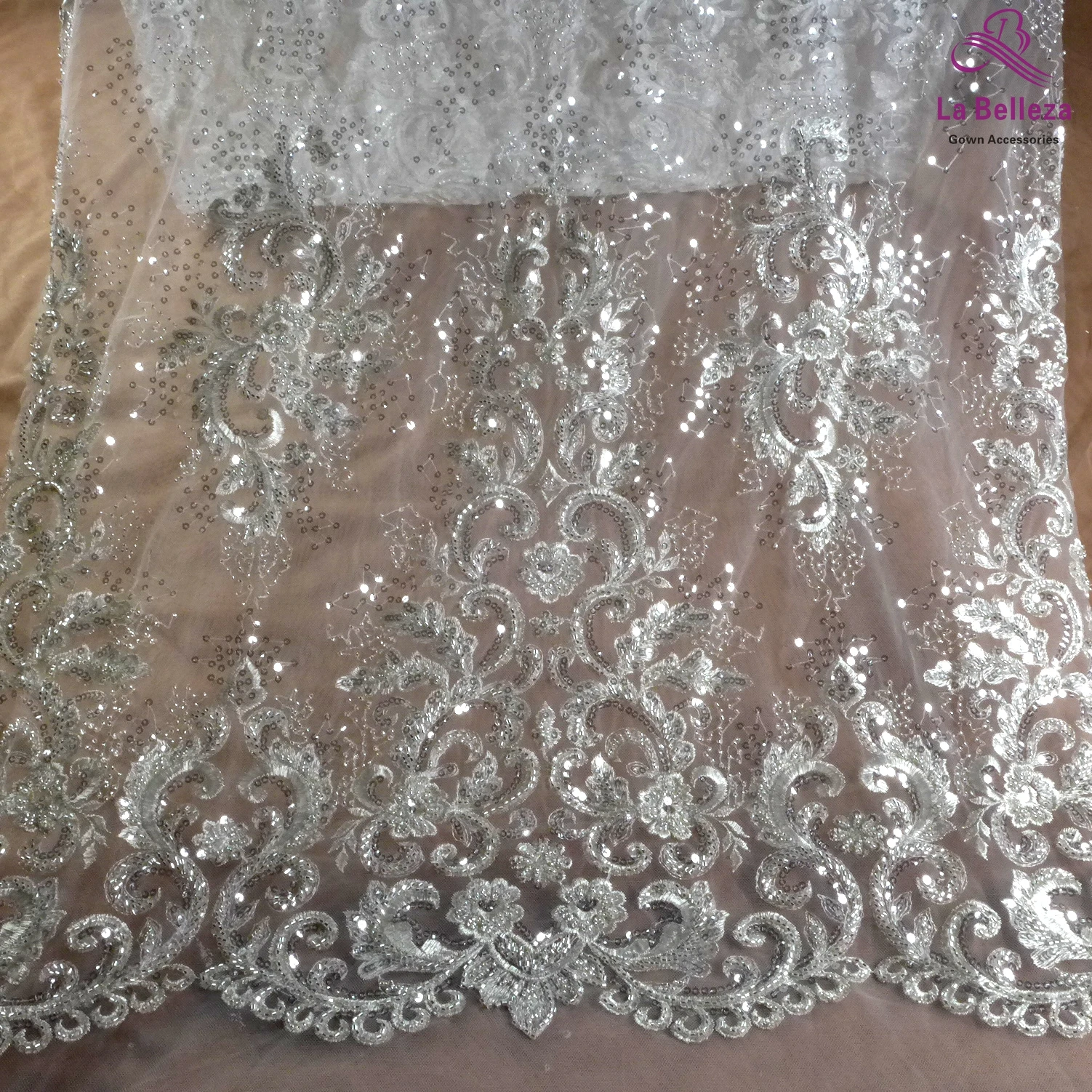 

La Belleza 2021 fashion bridal lace,high patterns beading lace fabric,silver beading wedding dress lace fabric 51'' width 1 yard