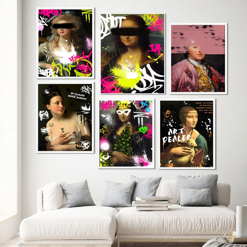 Mona Lisa Neon Graffiti Poster Altered Art Black and White Nude Women Feminist Prints Renaissance Rococo Mink Canvas Painting