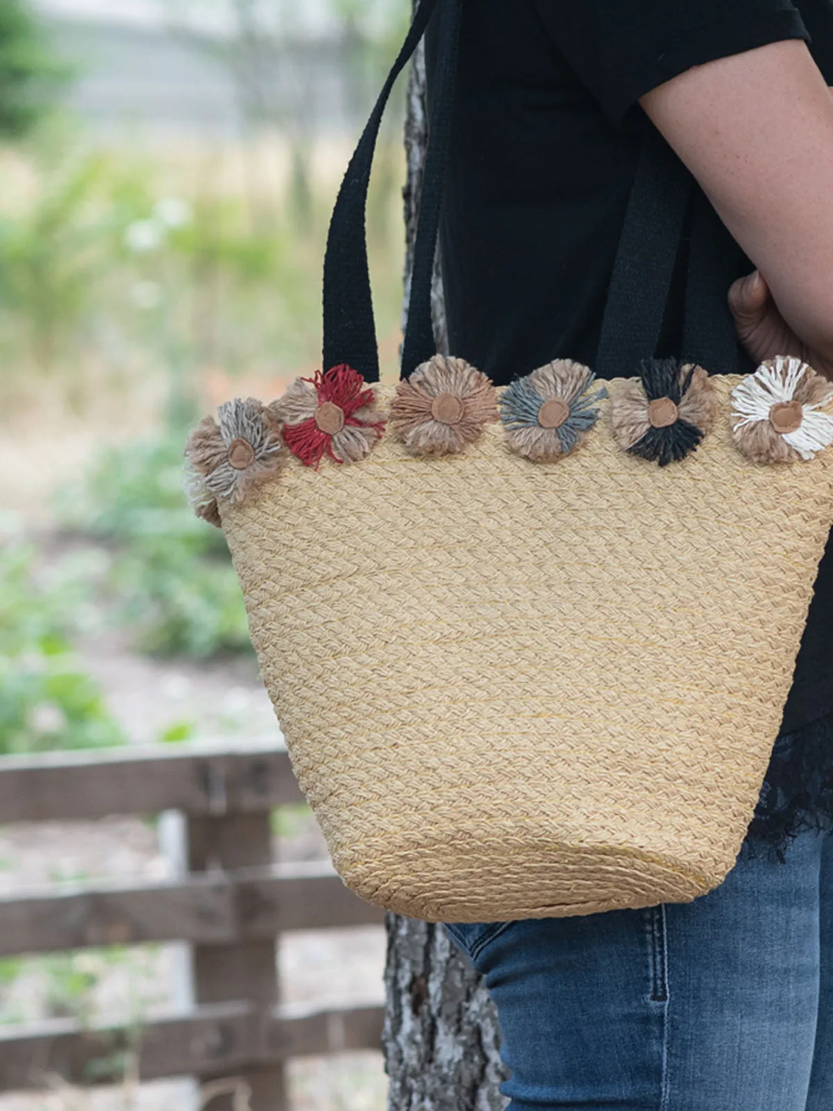 Saco de palha boêmio margarida colorida detalhada feito à mão | saco de cesta | bolsa de palha de praia de verão | sacola de compras