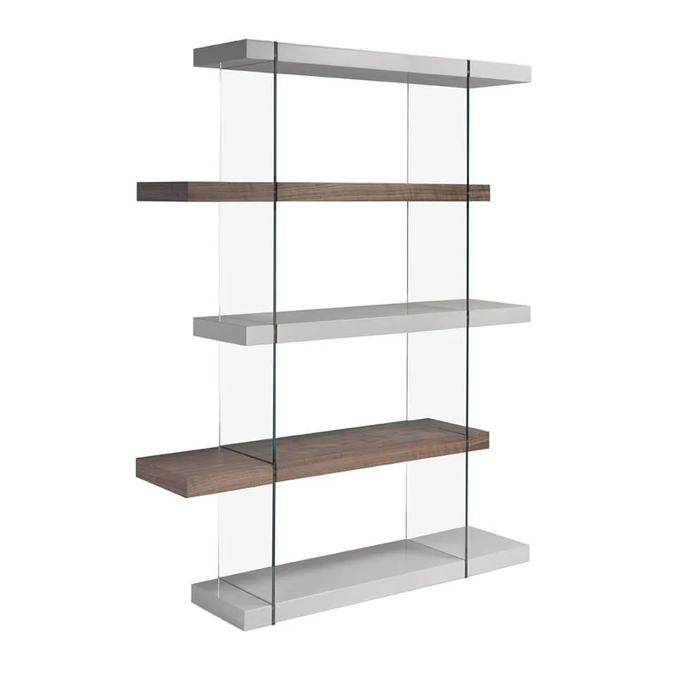 3025 shelf Angel Cerdá-shelf with vertical sides of tempered glass and combination of shelves in DM lacquered in glitter pearl gray and walnut-plated wood.