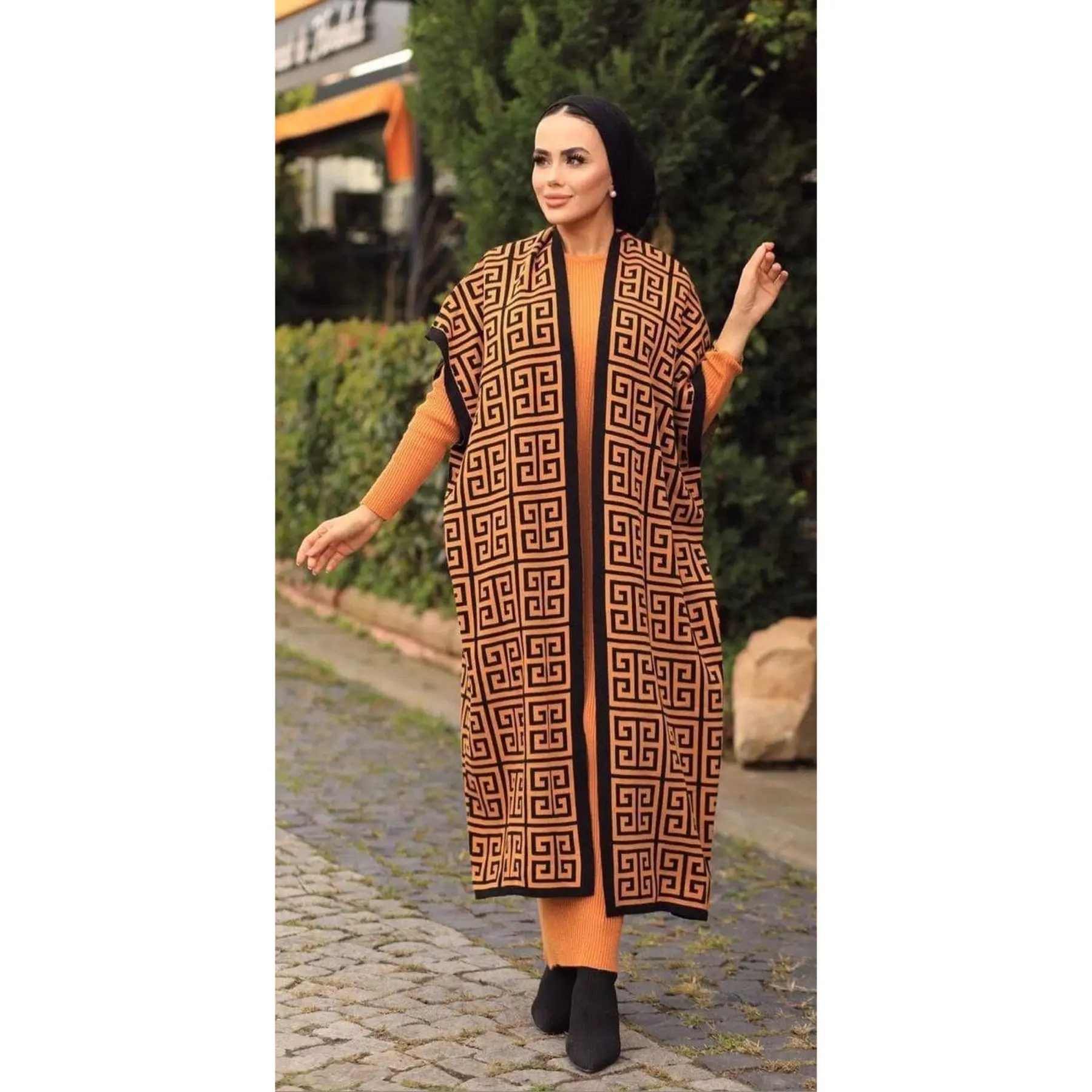 Robe maxi brodée et cardigan à manches chauve-souris pour femme, ensemble 2 pièces, motif labyrinthe, tricots, Turquie, 2021