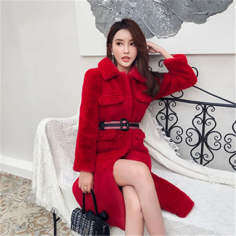 

Red mid-length coat Korean version of the autumn and winter new fashion waist was thin and thick ladies jacket jacket female