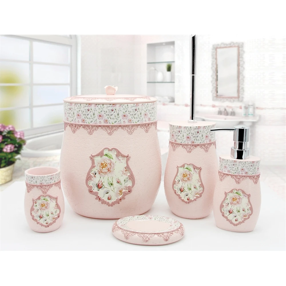 5 pcs Bathroom Suite Set Made in Turkey ROSES Dispenser Toilet Tooth Brush Soap Holder Accessories Wedding Toothpaste