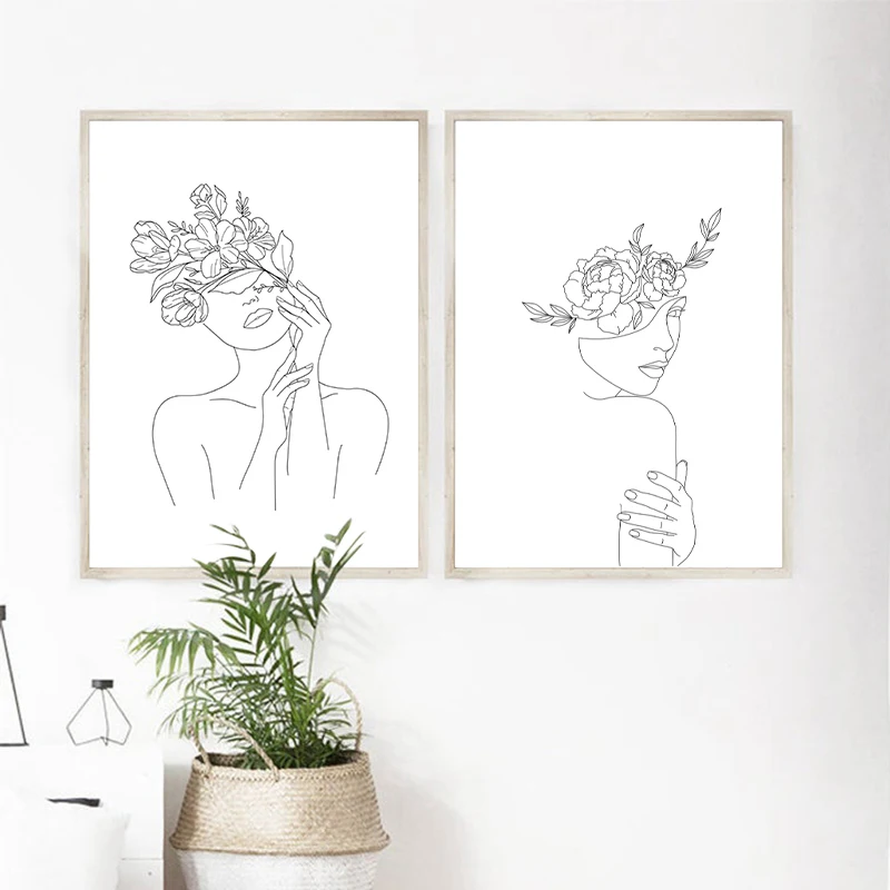 Naked Woman Head Of Flowers Art Print Single Line Sketch Female Body Poster Minimal Line Art Canvas Painting Picture Home Decor