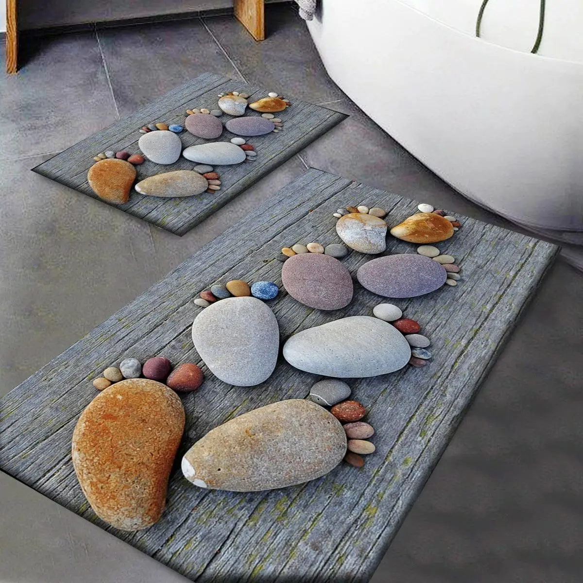 Else Gray Foot Stones Patterned Washable Non-Slip Base 2 Pcs. Bathroom Carpet Doormat Set for Closet