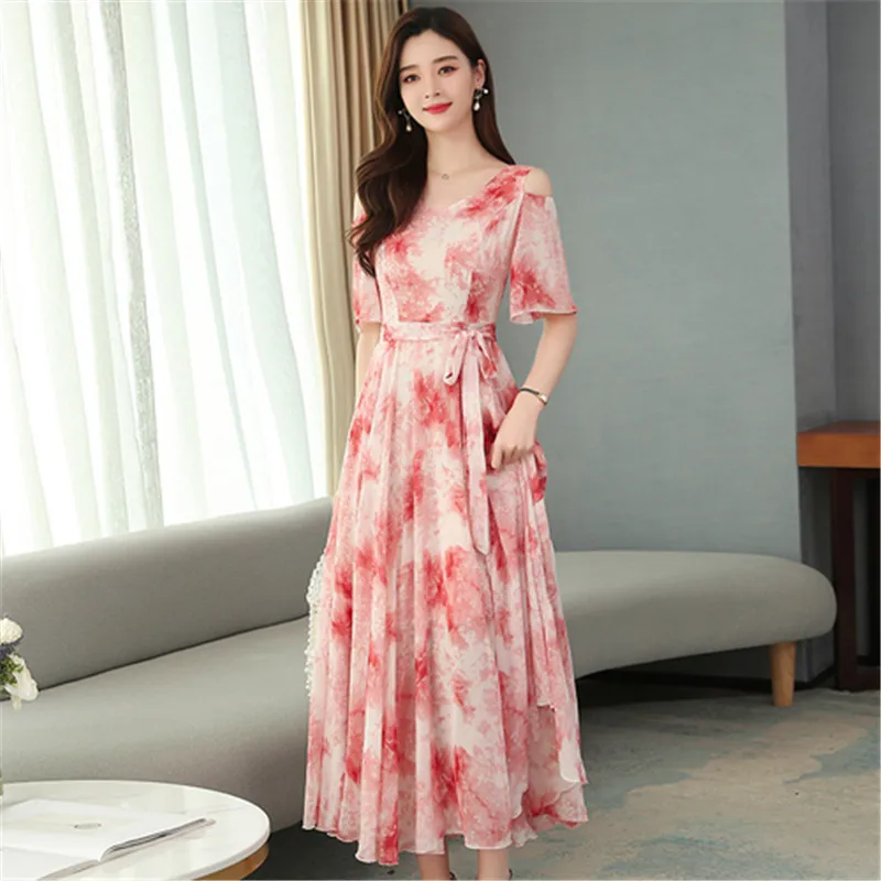 Real shot bohemian chiffon dress female 2020 summer new long paragraph floral super fairy waist beach dress