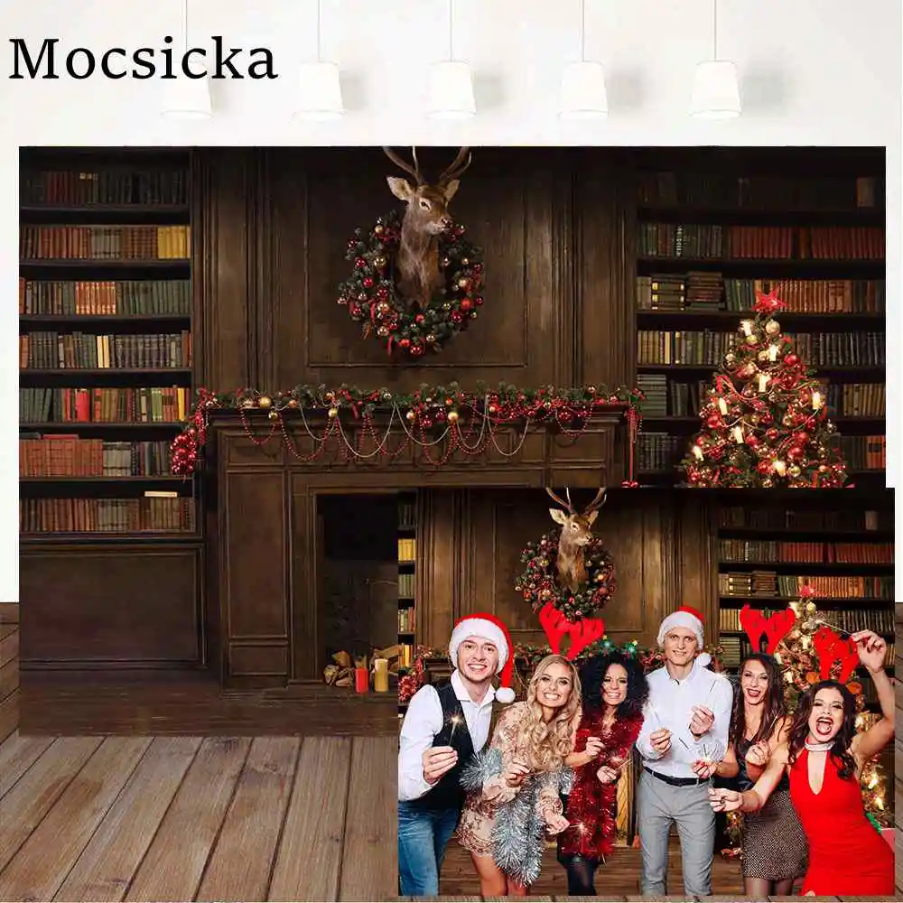 

Mocsicka Merry Christmas Backdrop Vintage Bookshelf Christmas Tree Fireplace Reindeer Photo Backdrops Child Portrait PhotoStudio