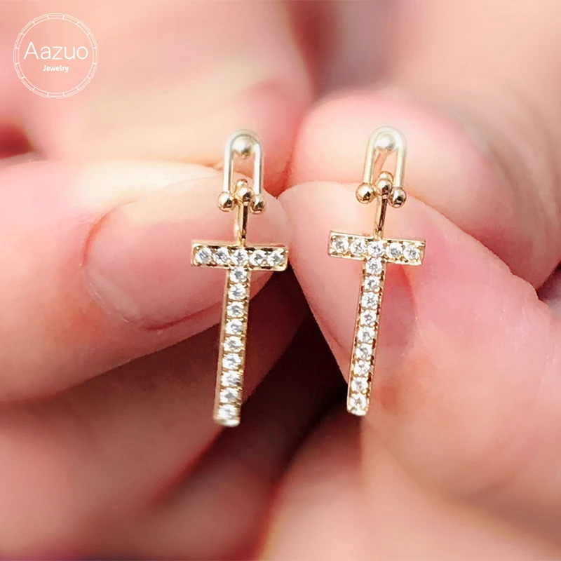 Aazuo 18K Rose Gold Yellow Gold Real Diamonds Classic Fairy Cross Stud Earring Au750 For Woman Wedding Engagement  Party