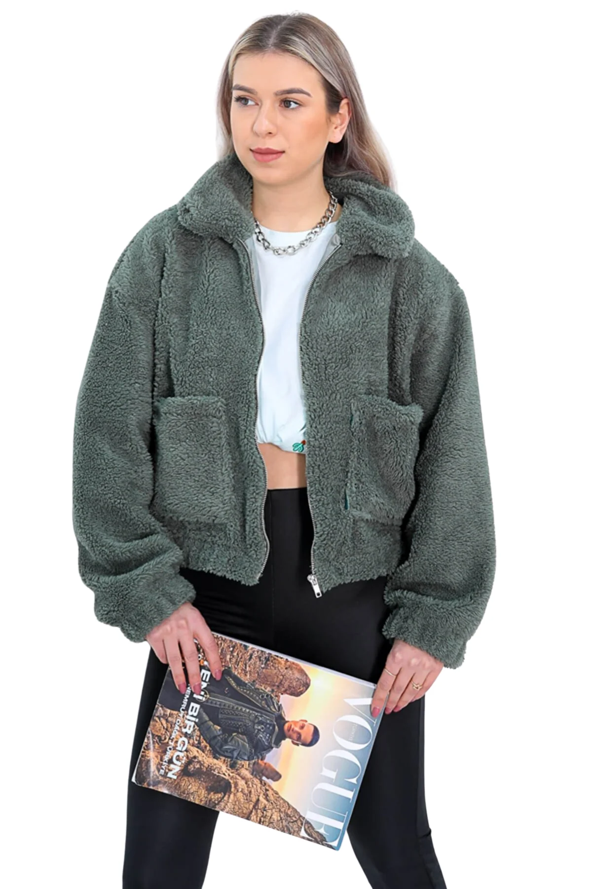 2022 Spring Collection Attractive and Glamorous Women's Green Zipper Pocket Plush Jacket