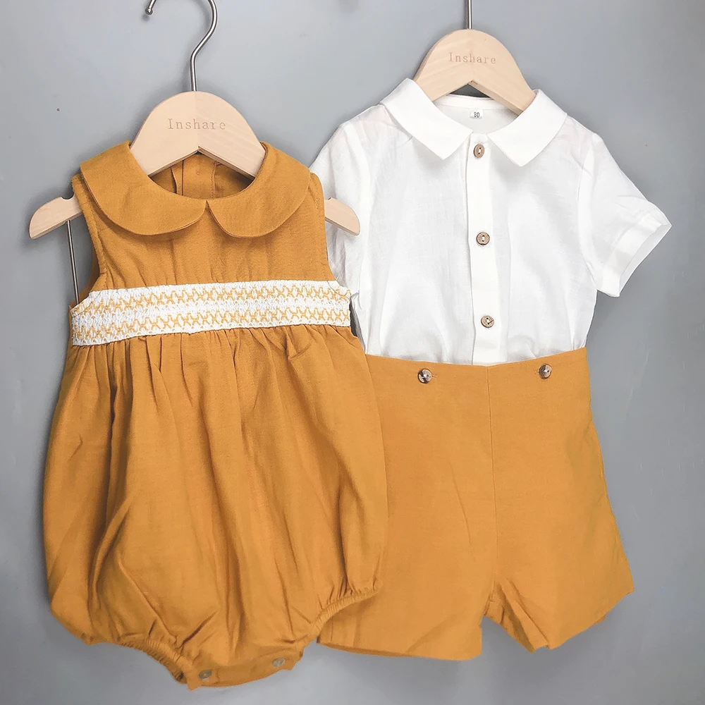 Children Boutique Spanish Clothing Summer Baby Girls Yellow Romper Short Sleeve Cotton Linen Boy Set Sister Brother Outfit