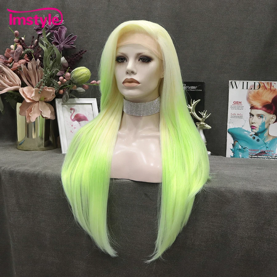 Imstyle-Ombre sintético peruca dianteira do laço para mulheres, verde claro, cabelo liso, peruca de festa, alta temperatura