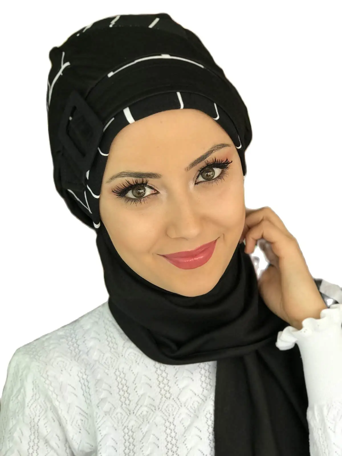 2021 new Fashion Hijab Women Muslim Bathing Cap Islamic Hijab Scarf Kerchief White Striped Black Ankle-Strap Beret