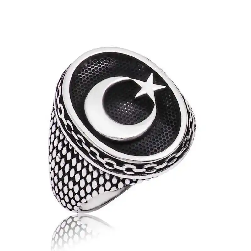 Silver Moon Star Men's Ring - 925 Sterling Men's Jewelry Wedding Birthday Gift - Box - Men - Fashion - Botiva - Size - Turkish - Patterned Embroidered