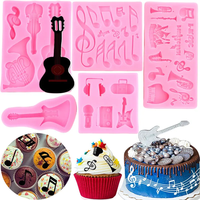 Music Note Silicone Mold Musical Radio Microphone Guitar Violin Fondant Cake Decorating DIY Cupcake Topper Chocolate Candy Mould