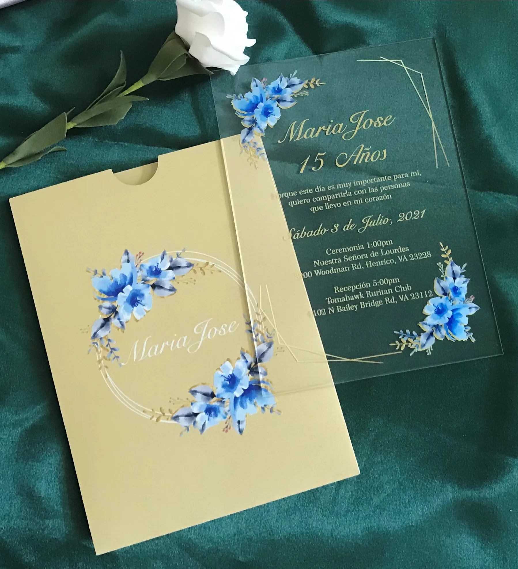 Birthday Quinceannera Invitation, Custom Pocket Envelope,Light Blue Flowers, Wedding Invitation,Transparent 1mm Invite, 10Pcs