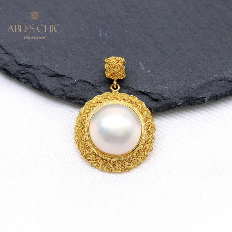 

18K Gold Tone Solitaire Mabe Pearl Braided Halo Wedding Pendant Solid 925 Silver Handmade Vintage Bridal Necklace C11N3S25939