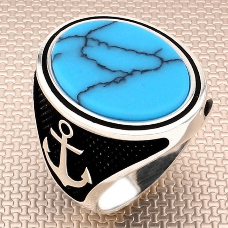 

SILVERFONI Real 925 Sterling Silver Ring For Men Stylish Jewelry Fashion Turquoise Stone sailor anchor Accessories All Size 2021