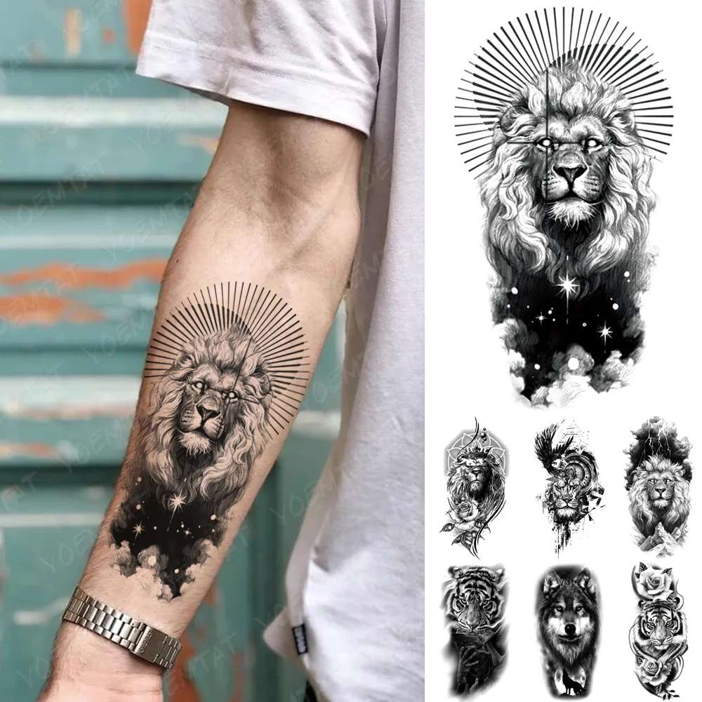 

Waterproof Temporary Tattoo Sticker Line Lion Starry Rose Clock Feather Flash Tatoo Women Men Wolf Tiger Body Art Arm Fake Tatto