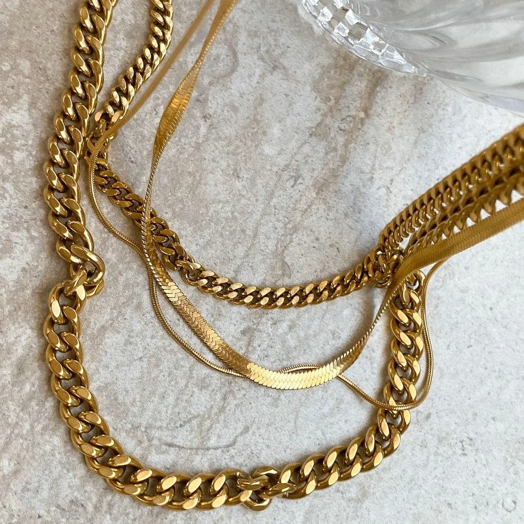 18K Gold IP Plated Stainless Steel Thick cuban link chain Chunky necklace Miami Double Layered Snake Chain Choker Necklace