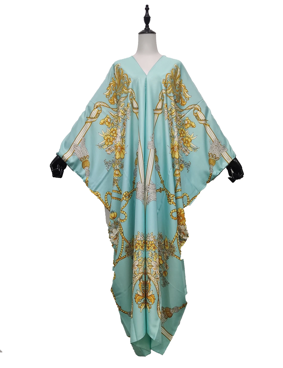 Kuwait Fashion Bloggers Recommend Twill Silk V-Neck Boho Kaftan Maxi Dress Casual Party  Full Length Printed Caftan Clothing