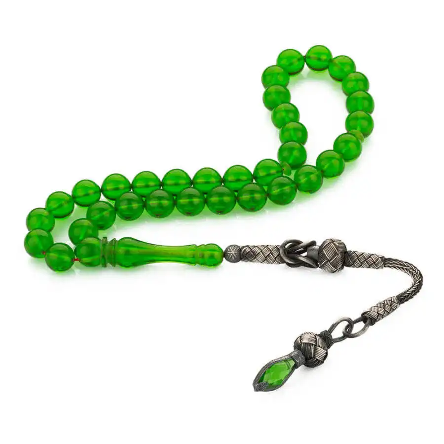 Sphere Cut Green Bakalite Rosary with Silver Tassel Stylish Design That Provides Long-term Good Quality And Durability Luxury