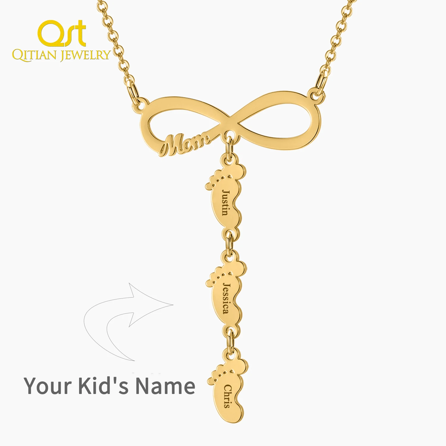 Custom Infinity Necklace Personalized Meaningful Engraved Family Name Feet Pendant Customized Jewelry Gift for Women Mothers