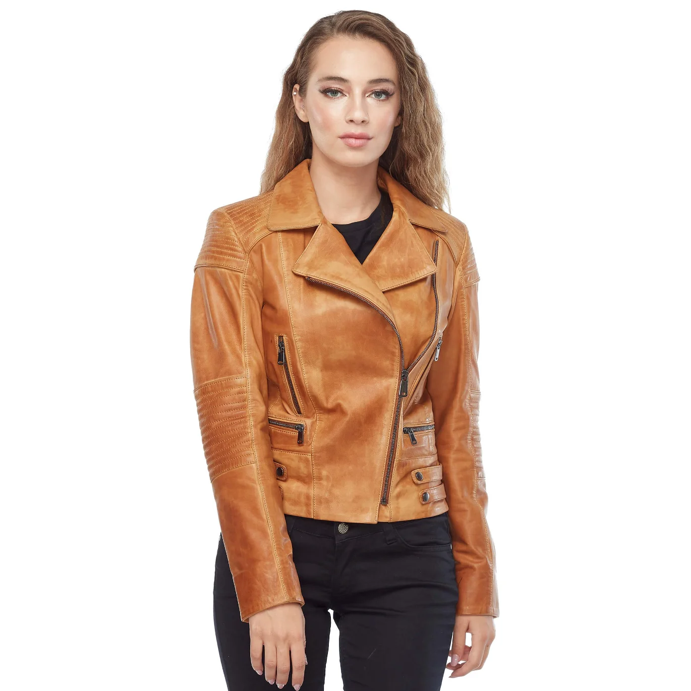 ของแท้หนังเสื้อแจ็คเก็ตสตรีแกะ Sheepskin ฤดูใบไม้ร่วงฤดูหนาว2022บางขนาดใหญ่ Vintage Biker Tan