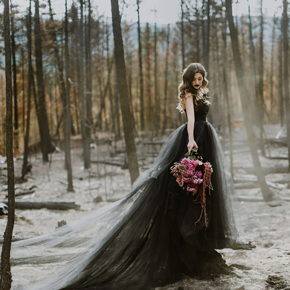 Vestido de novia sin tirantes de tul negro, prenda de novia con cola, cola, Simple, inflable, para fotografía