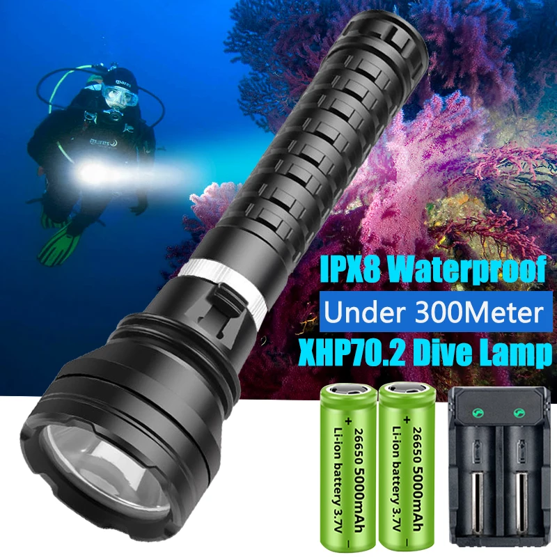 Linterna LED para buceo profesional, luz subacuática impermeable IPX8 de 30000LM, XHP70.2