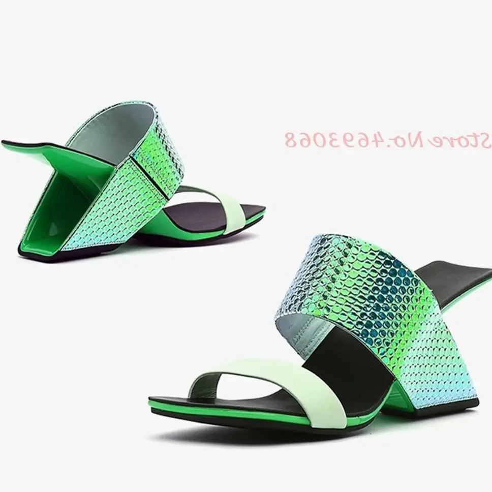 Summer Strange High Heels Sandals Women Mixed Colors Back Strap Pumps Peep Toe Print Leather Pumps Fretwork Heels Women Slippers