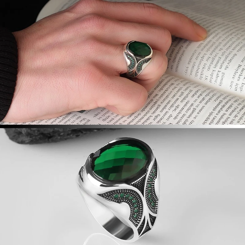 

Men's Green Zircon Stone 925 Sterling Silver Ring All Sizes Custom Design 2022 Summer Winter Fashion Trend Accessories Products Free kargo