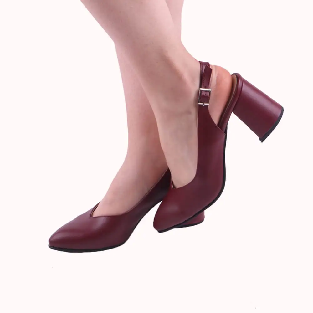 Burgundy Faux Leather Ankle Strap Women Sandals Pointed Toe Heels for Women Thick Heel Pumps for Women 7 cm Heels Ladies Pumps