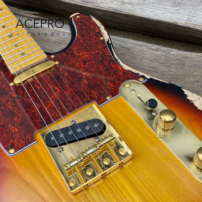 Acepro Ash Body Relic Electric Guitar, Vintage Sunburst Color, Maple Neck, Abalone Inlays, Gold Hardware, Handmade Aged Guitarra