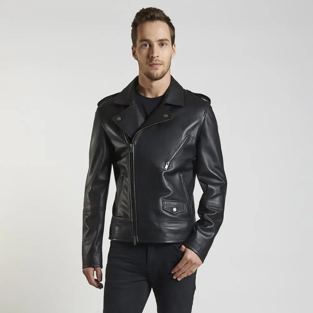 Free shipping Fast Fashion genuine lea ther jacket men black sheepskin biker leather jacket